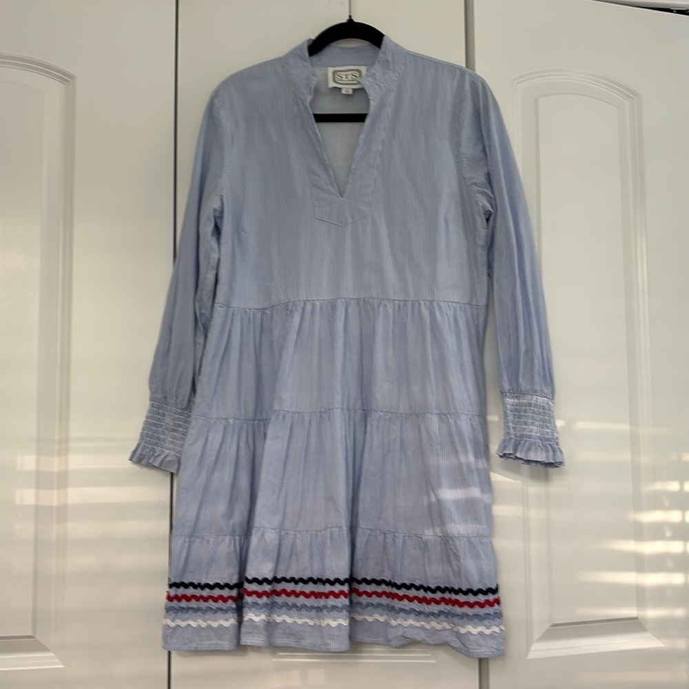 Sail to Sable blue striped tiered dress with ric rac